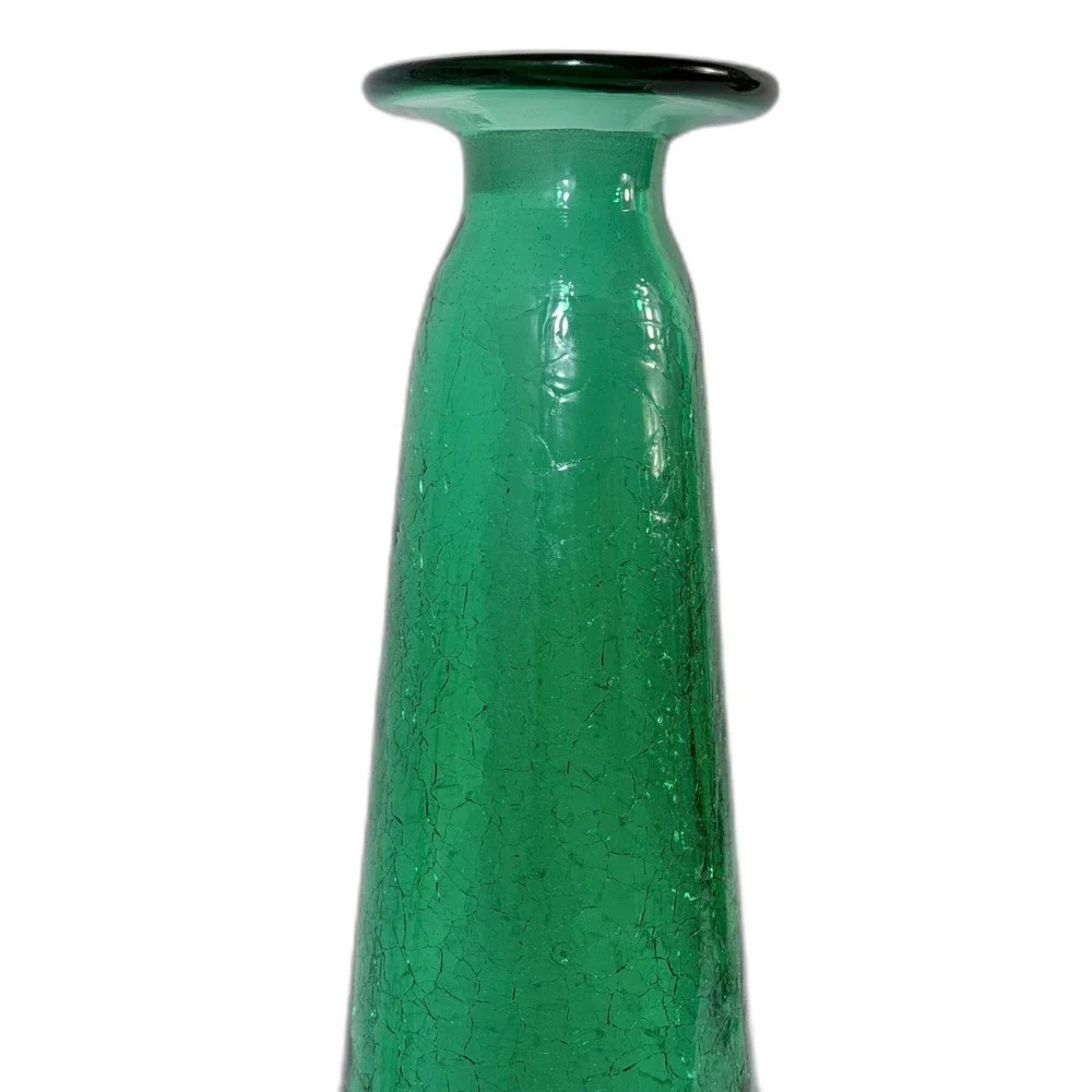 VTG Emerald Green Crackle Glass Tall Mod Large Vase Decanter Decor Art Glass